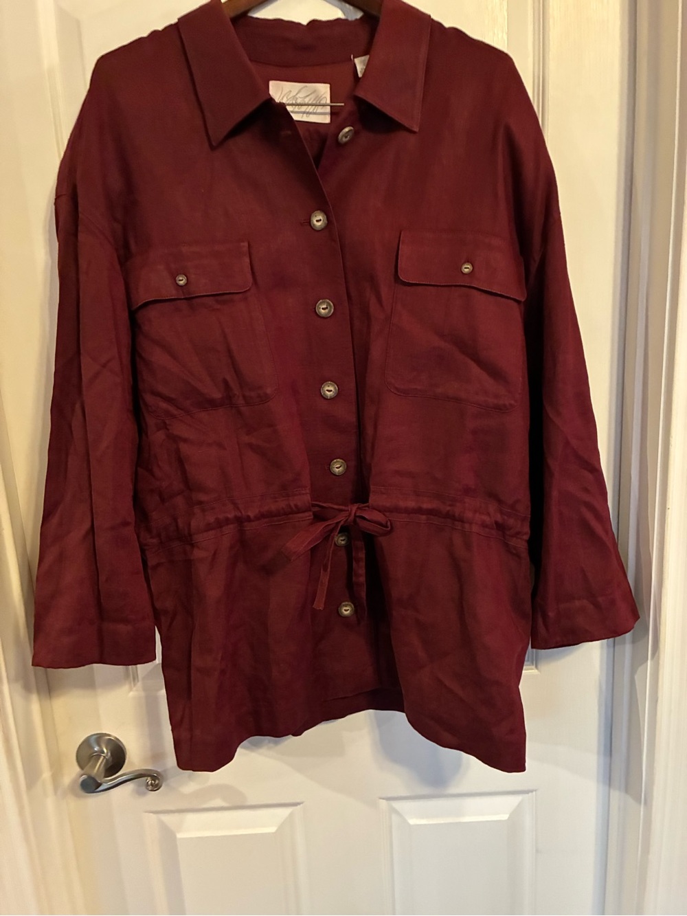 Lord & Taylor 16W Burgundy Safari Utility Drawstring Linen Jacket